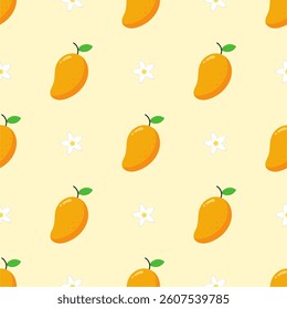 Vector seamless pattern with mango fruits. Summer tropical fruits on a white background.