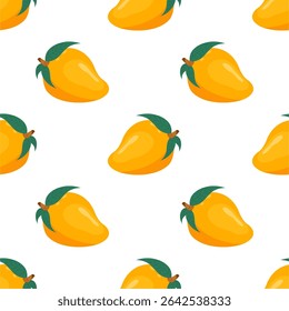 Vector seamless pattern with mango fruits. Summer tropical fruits on a white background.