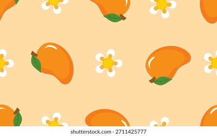 Vector seamless pattern with mango fruits. Summer tropical fruits on a white background. 
