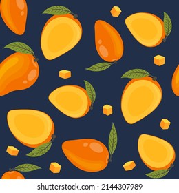 
Vector seamless pattern with mango and leaves on a dark blue background.