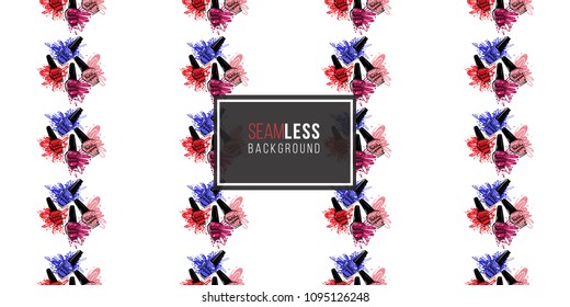 Vector seamless pattern with manicure nail polish bottles and happiness is having your nails done text. Watercolor graphic on white background. Fashion illustration for beauty salons, uniform concept.