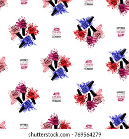 Vector seamless pattern with manicure nail polish bottles and happiness is having your nails done text. Watercolor graphic on white background. Fashion illustration for beauty salons, uniform concept.