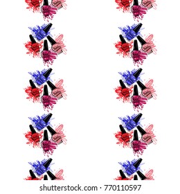 Vector seamless pattern with manicure nail polish bottles and happiness is having your nails done text. Watercolor graphic on white background. Fashion illustration for beauty salons, uniform concept.