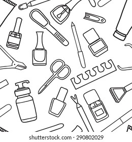 Vector seamless pattern of manicure and pedicure doodle equipment. Nail art. Can be used for beauty salon decoration, background; design, promotion