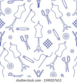 Vector seamless pattern Mannequin, scissors, needle, pin, buttons, zipper on white background. Dressmaking tools. Tailor. Atelier tailoring Sewing workshop equipment Design for wrapping, fabric, print
