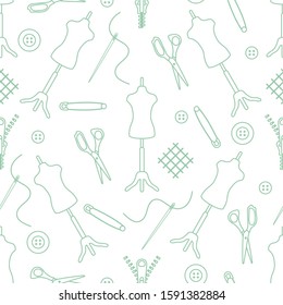 Vector seamless pattern Mannequin, scissors, needle, pin, buttons, zipper on white background. Dressmaking tools. Tailor. Atelier tailoring Sewing workshop equipment Design for wrapping, fabric, print