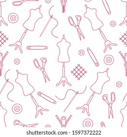 Vector seamless pattern Mannequin, scissors, needle, pin, buttons, zipper on white background. Dressmaking tools. Tailor. Atelier tailoring Sewing workshop equipment Design for wrapping, fabric, print