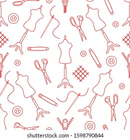 Vector seamless pattern Mannequin, scissors, needle, pin, buttons, zipper on white background. Dressmaking tools. Tailor. Atelier tailoring Sewing workshop equipment Design for wrapping, fabric, print