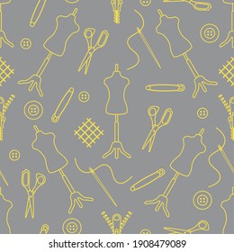 Vector seamless pattern Mannequin, scissors, needle, pin, buttons, zipper on white background. Dressmaking tools. Tailor. Atelier tailoring Sewing workshop equipment Illuminating and Ultimate Gray.