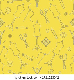 Vector seamless pattern Mannequin, scissors, needle, pin, buttons, zipper on white background. Dressmaking tools. Tailor. Atelier tailoring Sewing workshop equipment Illuminating and Ultimate Gray.