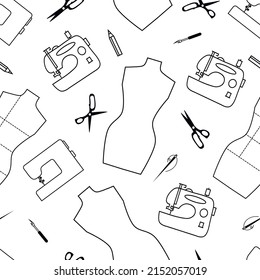 Vector seamless pattern: mannequines, sewing machines, tailoring scissors, needles in line art style. Black on white. Linear monochrome design for textile, wallpaper, wrapping paper.