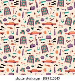 Vector seamless pattern with mans things. Happy Fathers Day concept. Design template.