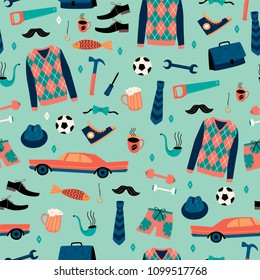 Vector seamless pattern with mans things. Happy Fathers Day concept. Design template.