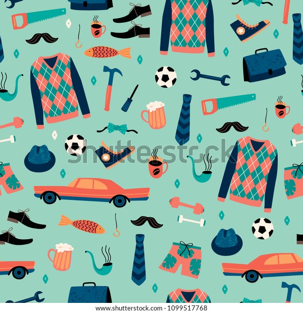 Vector seamless pattern with mans\
things. Happy Fathers Day concept. Design\
template.
