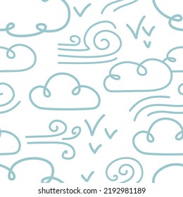 Vector seamless pattern with many abstract wind icons, birds, big contour clouds on white background. Hand drawn children's illustration. Weather. Sea breeze. Decorative element. Trendy textile print.