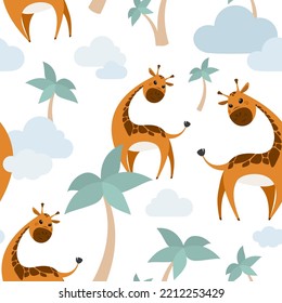 Vector seamless pattern with many baby giraffes, lots of big palm trees and clouds. Trendy print design. Wild nature. Cute cartoon stickers. Flat decorative art element for advertising banner layout.