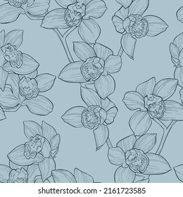 Vector seamless pattern with many big opened orchids  branch on the pale blue background. Detailed floral composition. Quick plant sketch. Linear illustration for spring layouts design. Vintage flower
