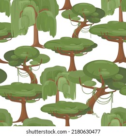 Vector seamless pattern with many big tropical deciduous trees on white background. Bright decorative cartoon composition. Childish element for design layouts of textile prints. Journey to the jungle.