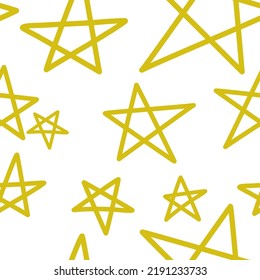 Vector seamless pattern with many big stars on white background. Sloppy children's composition. Flat outline illustration. Decorative graphic element for prints, advertising layouts design. Starry sky