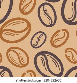 Vector seamless pattern with many big contour coffee beans. Decorative element for cafe menu design, advertising layout. Hand drawn art illustration. Espresso blend. Graphic linear sketch. Food print.