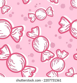 Vector seamless pattern with many big round wrapped candies on bright pink background. Caramel icon. Sweets store. Chocolatier. Decorative linear art element for cafe menu design, advertising layout.