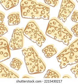 Vector seamless pattern with many big cheese pieces with large holes. Dairy food. Linear vintage maasdam illustration. Decorative art element for menu design layout, packaging. Organic grocery store.