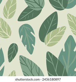 Vector seamless pattern of many big different leaves icons set. Cute baby nature print. Simple flat floral background. Plant element for dried spices, sweet drinks packaging design, advertising layout