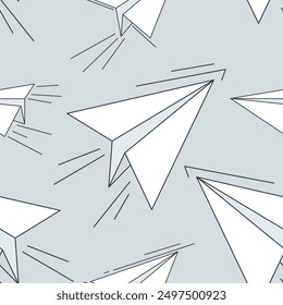 Vector seamless pattern of many big paper airplanes on light blue background. Hand drawn children's print. Editable outline icon. Cute contour art for kids cloth design, school notebook cover layout