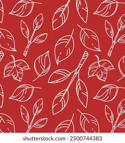 Vector seamless pattern of many big contour leaves. Editable outline. Hand drawn natural element. Autumn background. Bright red plant print. Design for fabric, school notebook cover. Fall season theme