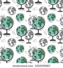 Vector seamless pattern of many big globes. Hand drawn contour icons. Geography class. Cartoon style flat kids print. Simple art for design back to school card, travel agency ads. Worldwide concept
