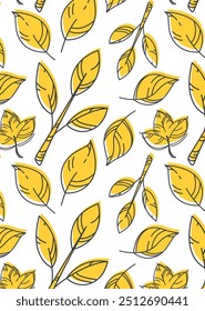 Vector seamless pattern of many big yellow autumn leaves. Hand drawn foliage. Editable outline plant art. Bright kids print. Cute nature design for fall event advertising layout, school notebook cover