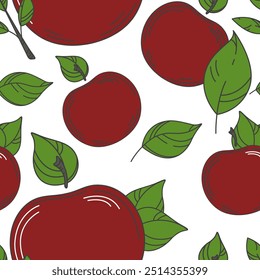 Vector seamless pattern of many big contour red apples, leaves set. Funny cartoon fruits hand drawn. Cute food print for juice, cider packaging, fall ads layout, notebook cover. Bright natural design