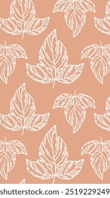 Vector seamless pattern of many big  linear grape leaves. Tender hand drawn natural art. Cute pink botanical print. Editable outline. Contour plant design for juice packaging, fall ads, card layout