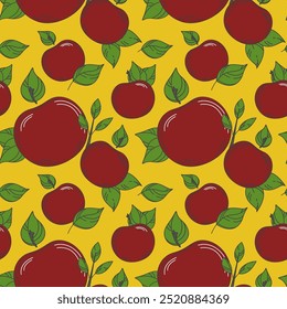 Vector seamless pattern of many big contour red apples, small green leaves signs. Ripe fruits hand drawn. Cute vintage nature print. Autumn harvest. Art for juice, cider, vinegar packaging design