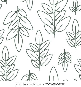 Vector seamless pattern of many big contour green leaves. Simple linear botanical print. Editable outline plant icon. Cute floral art for cosmetics packaging design, elegant spring cloth, natural card