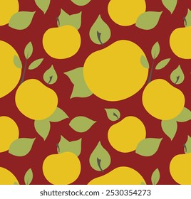 Vector seamless pattern of many big whole apples, leaves icons. Ripe fruits signs set. Fall garden. Graphic food print. Flat nature background. Cozy vintage art for healthy chips, cider, jam packaging