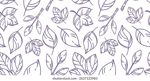 Vector seamless pattern of many big linear leaves hand drawn. Simple nature background. Outline plant. Doodle foliage art. Autumn contour print. Editable stroke. Kids style fabric wallpaper swatch