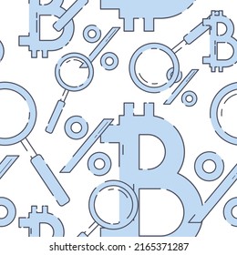 Vector seamless pattern with many bitcoin, magnifying glass and percent icons on white background. Finance.  Finding profitable investments. Flat elements with decorative stroke. Graphic composition.