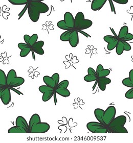 Vector seamless pattern of many bright clover leaves. St. Patrick's Day celebration. Hand drawn floral sketch. Decorative art for banner layout design, festive advertising. Outlined plant element