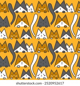 Vector seamless pattern of many cat icons. Funny contour animal head peeking out. Different feline colors set. Cartoon kids print. Graphic image for cat show ads layout, pet snack, dry food packaging