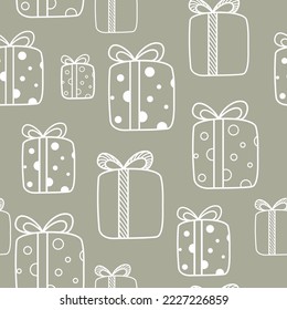 Vector seamless pattern of many contour gift boxes on pale green background. Decorative art element for Christmas festive layout design. New Year celebration season. Linear signs. Trendy holiday print