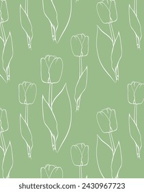 Vector seamless pattern of many contour tulips, big leaves. Open flower buds. Simple floral pastel spring print. Hand drawn small plant icons. Cute art for advertising layout design, packaging, cloth