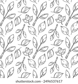 Vector seamless pattern of many contour autumn leaves. Editable outline. Hand drawn foliage background. Childish plant print. Ink line natural element. Design for kids textile, school notebook, card