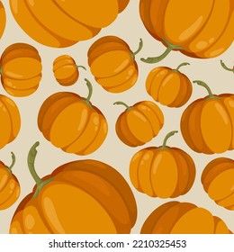 Patrón vectorial sin fisuras con muchas calabazas lindas. Elemento de arte decorativo para el Día de Acción de Gracias, diseño de celebración de Halloween. La fruta naranja grande y brillante. Festival de la cosecha. Feria de verduras. Mercado de alimentos.