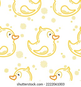 Vector seamless pattern with many cute little ducks, decorative graphic elements on white background. Childish art illustration for card, fabric design. Bath duck. Simple linear icon. Contour toy sign