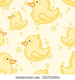 Vector seamless pattern with many cute little ducks, decorative graphic elements on pale yellow background. Childish art illustration for card, fabric design. Bath duck. Simple linear icon. Toy sign