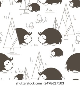 Vector seamless pattern of many cute hedgehogs. Forest meadow. Big mom, little kids. Adorable family. Hand drawn flat childish print. Fun art for card layout design, fabric, children's room wallpaper