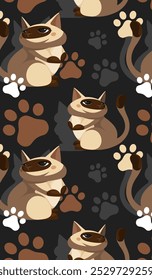 Vector seamless pattern of many cute siamese cats, big paw prints. Funny graphic hand drawn elements. Pet store ads concept layout. Animals day celebration. Dark cartoon art for toys, dry food package