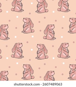 Vector seamless pattern of many cute little bunnies icons. Hand drawn rabbits signs. Cartoon baby animal print. Simple pencil sketch. Funny art for cloth design, children's room interior wallpaper