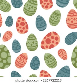 Vector seamless pattern with many decorated Easter eggs icons. Bright festive background. Holiday tradition. Cute cartoon style print. Funny element for advertising layout design, banner, packaging